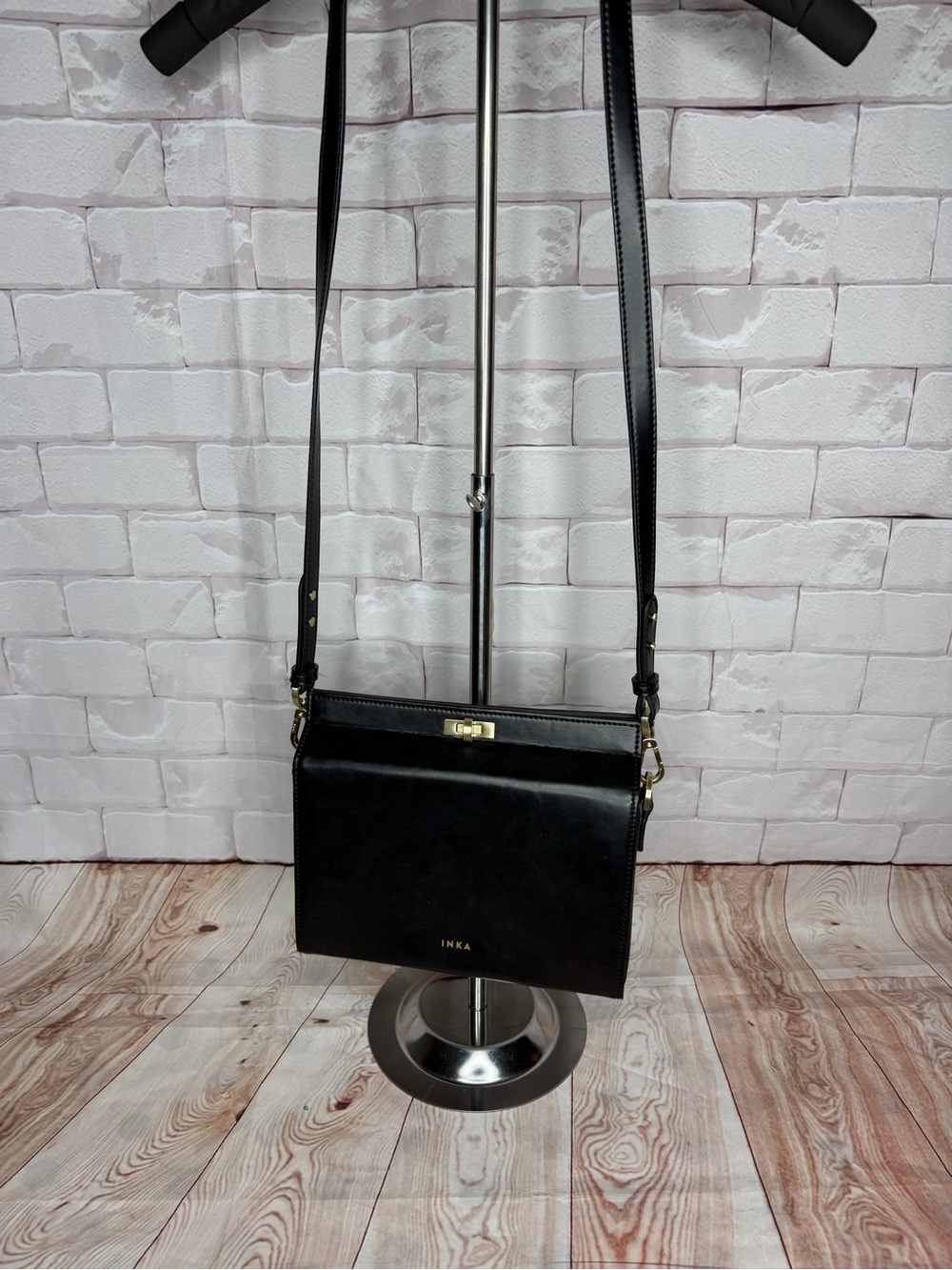 INKA “The Bag” Black Leather Crossbody Shoulder Bag Silver Hardware Minimalist